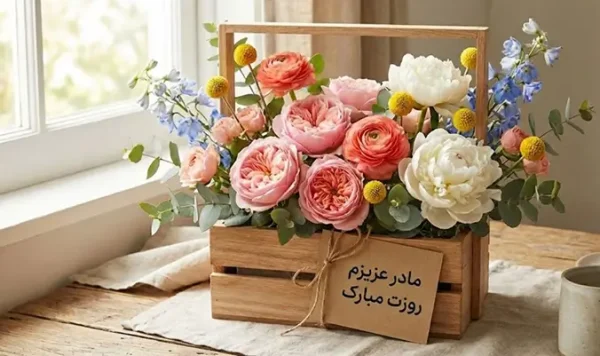هدیه گل با کارت پیام احساسی برای روز مادر